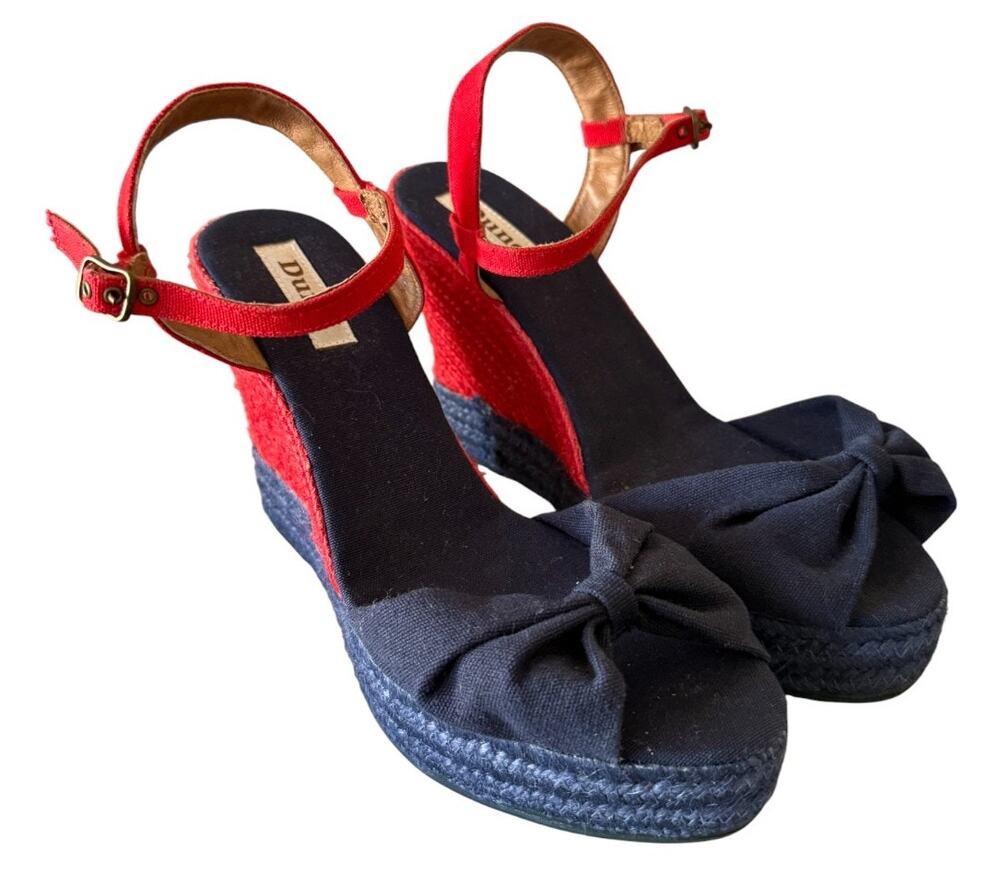 Dune London Navy Red Canvas Bow Sandal Platform Wedge 4.75" EU41 US9 Preppy NEW